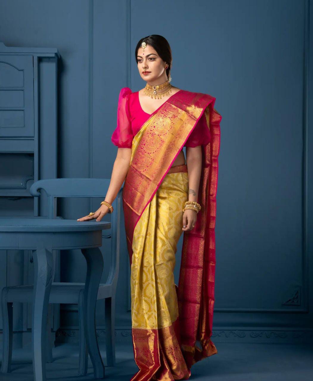 Lissome Yellow Soft Silk Saree With Glittering Blouse Piece