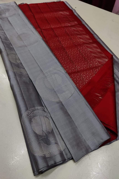 Load image into Gallery viewer, Lassitude Grey Soft Silk Saree With Confounding Blouse Piece
