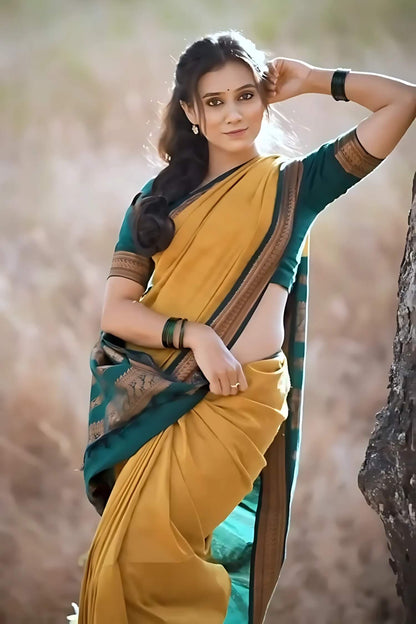 Inspiring Mustard Soft Silk Saree With Verdant Blouse Piece