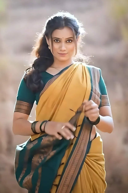 Inspiring Mustard Soft Silk Saree With Verdant Blouse Piece