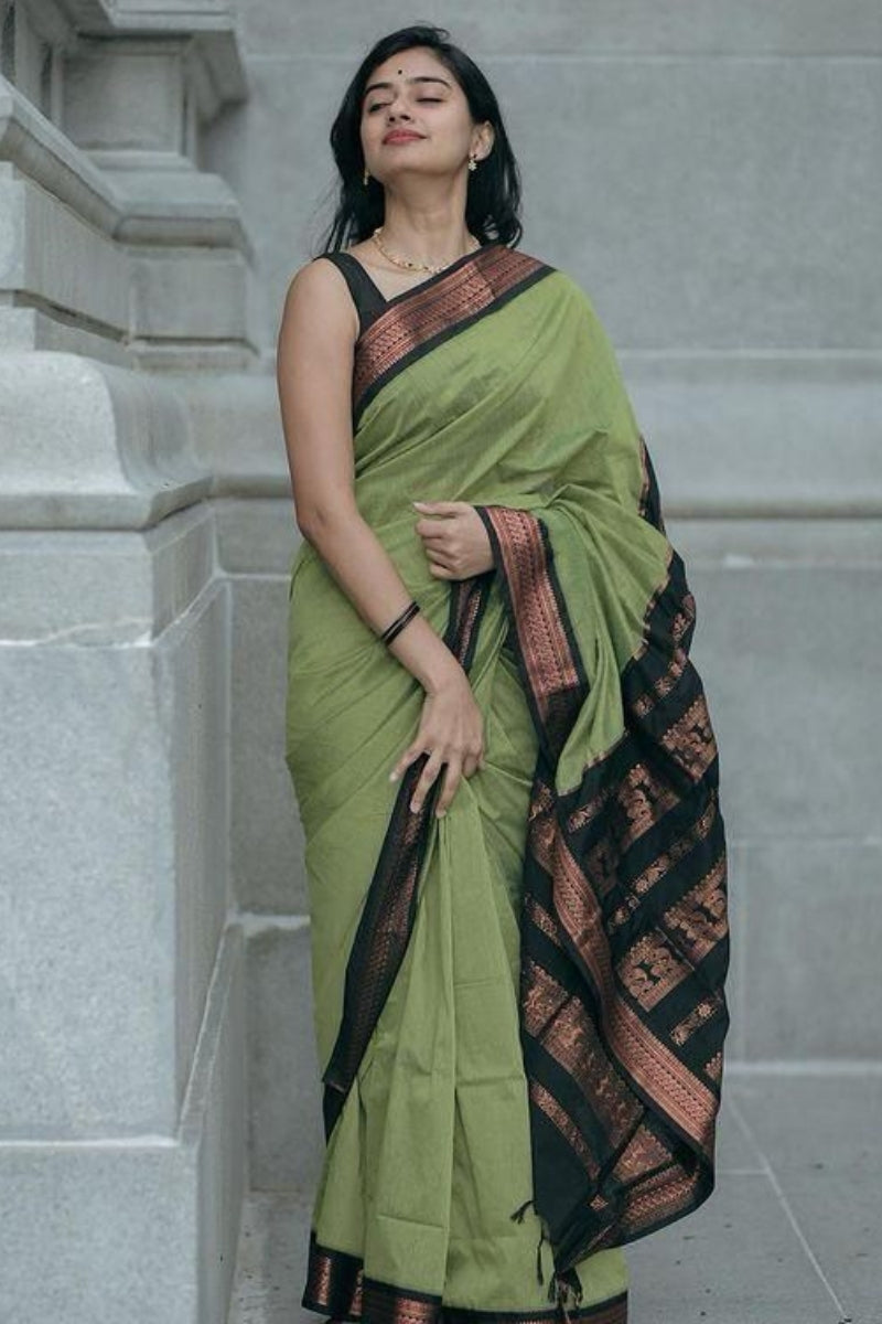 Imbrication Pista Soft Silk Saree With Ravishing Blouse Piece