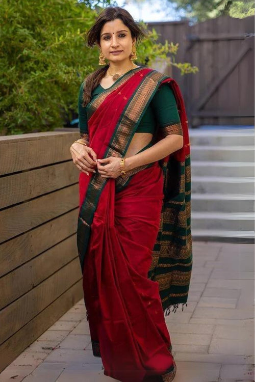 Load image into Gallery viewer, Woebegone Red Soft Silk Saree With Opulent Blouse Piece
