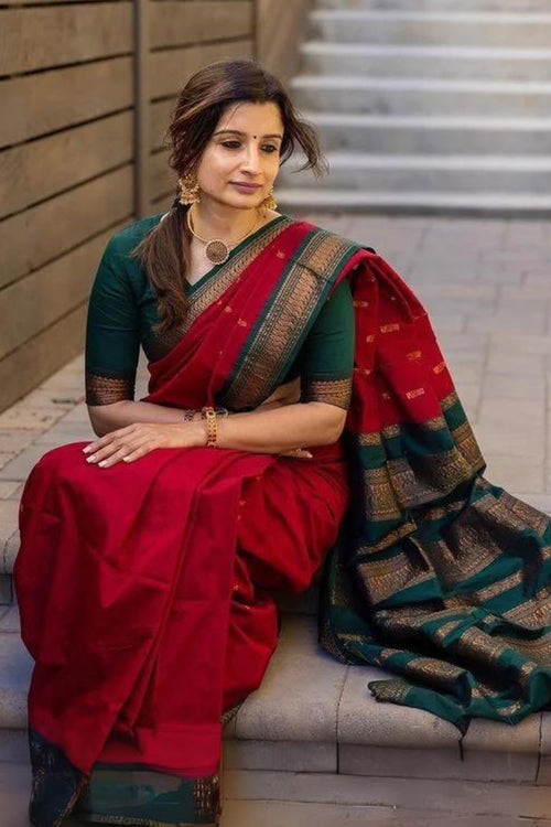 Load image into Gallery viewer, Woebegone Red Soft Silk Saree With Opulent Blouse Piece
