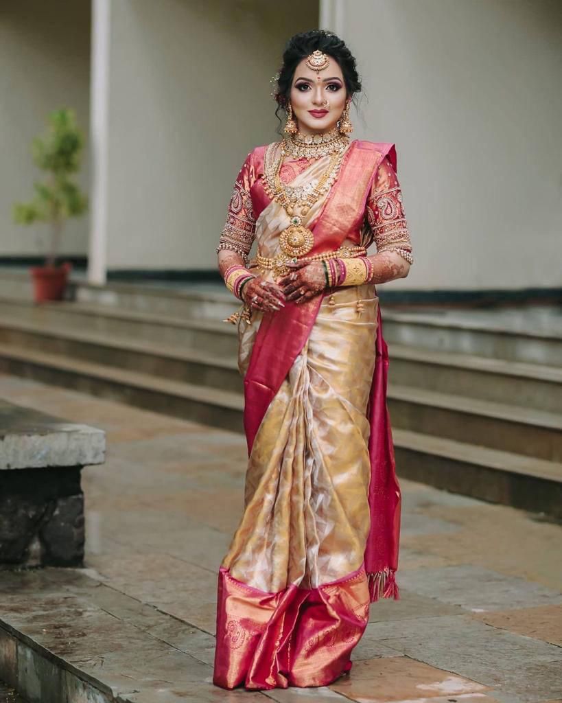 Snazzy Beige Soft Silk Saree With Opulent Blouse Piece