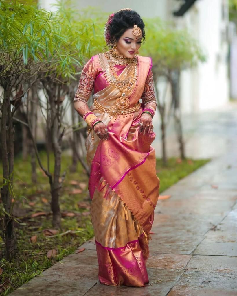 Snazzy Beige Soft Silk Saree With Opulent Blouse Piece