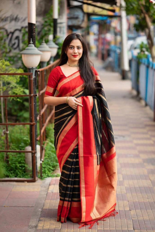 Load image into Gallery viewer, Supernal Black Soft Silk Saree With Resonant Blouse Piece
