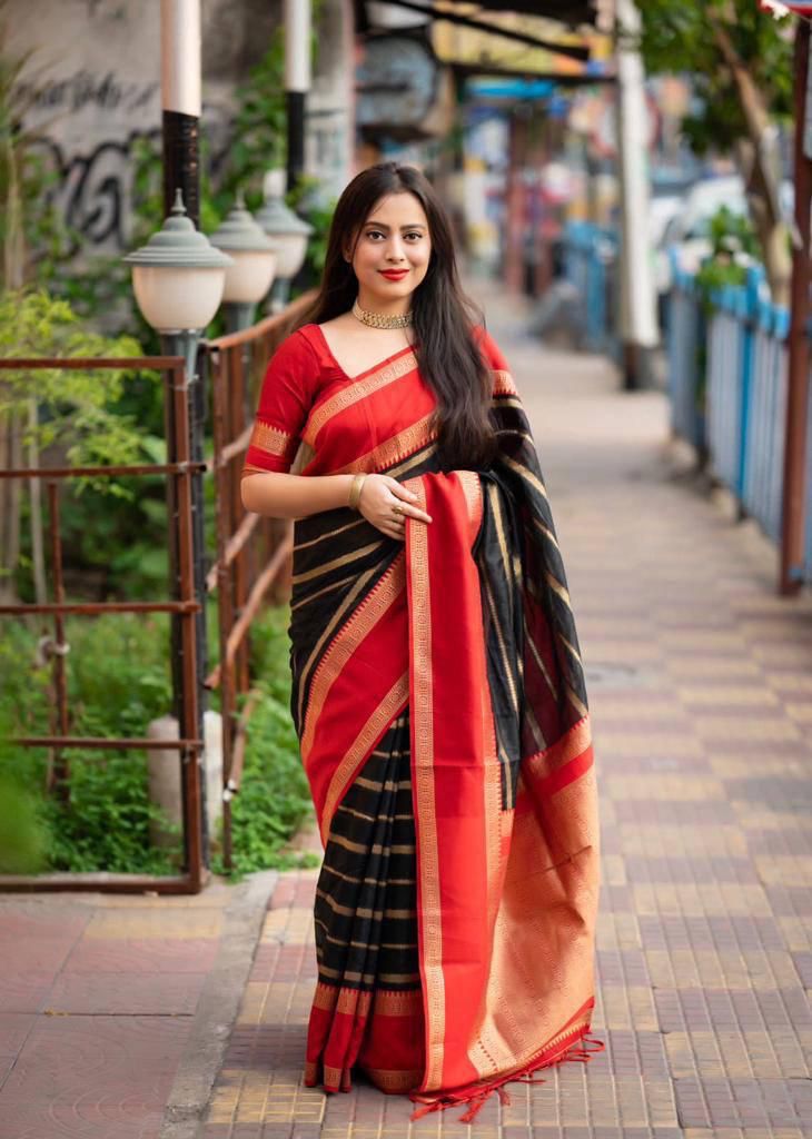 Supernal Black Soft Silk Saree With Resonant Blouse Piece