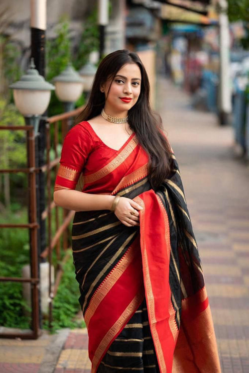 Load image into Gallery viewer, Supernal Black Soft Silk Saree With Resonant Blouse Piece
