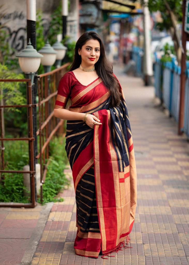 Prodigal Navy Blue Soft Silk Saree With Majestic Blouse Piece