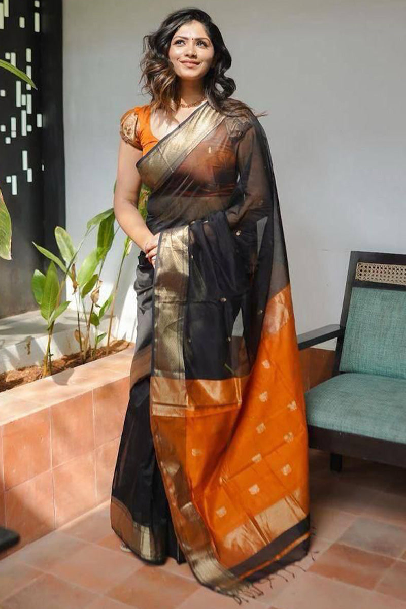 Flamboyant Black Cotton Silk Saree With Staring Blouse Piece