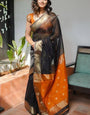 Flamboyant Black Cotton Silk Saree With Staring Blouse Piece