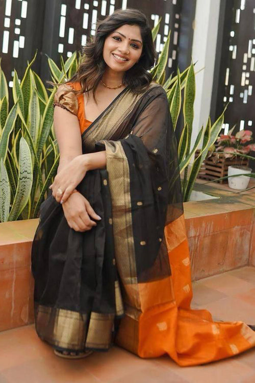 Load image into Gallery viewer, Flamboyant Black Cotton Silk Saree With Staring Blouse Piece
