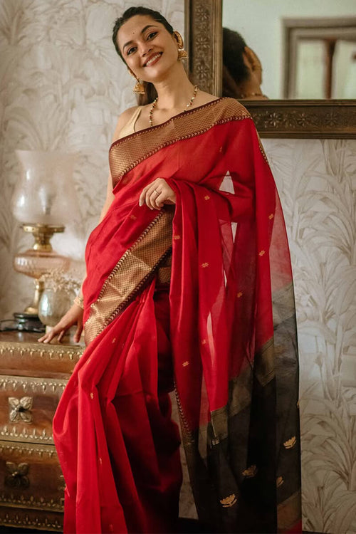 Load image into Gallery viewer, Classy Red Cotton Silk Saree With Designer Blouse Piece
