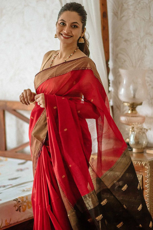 Load image into Gallery viewer, Classy Red Cotton Silk Saree With Designer Blouse Piece
