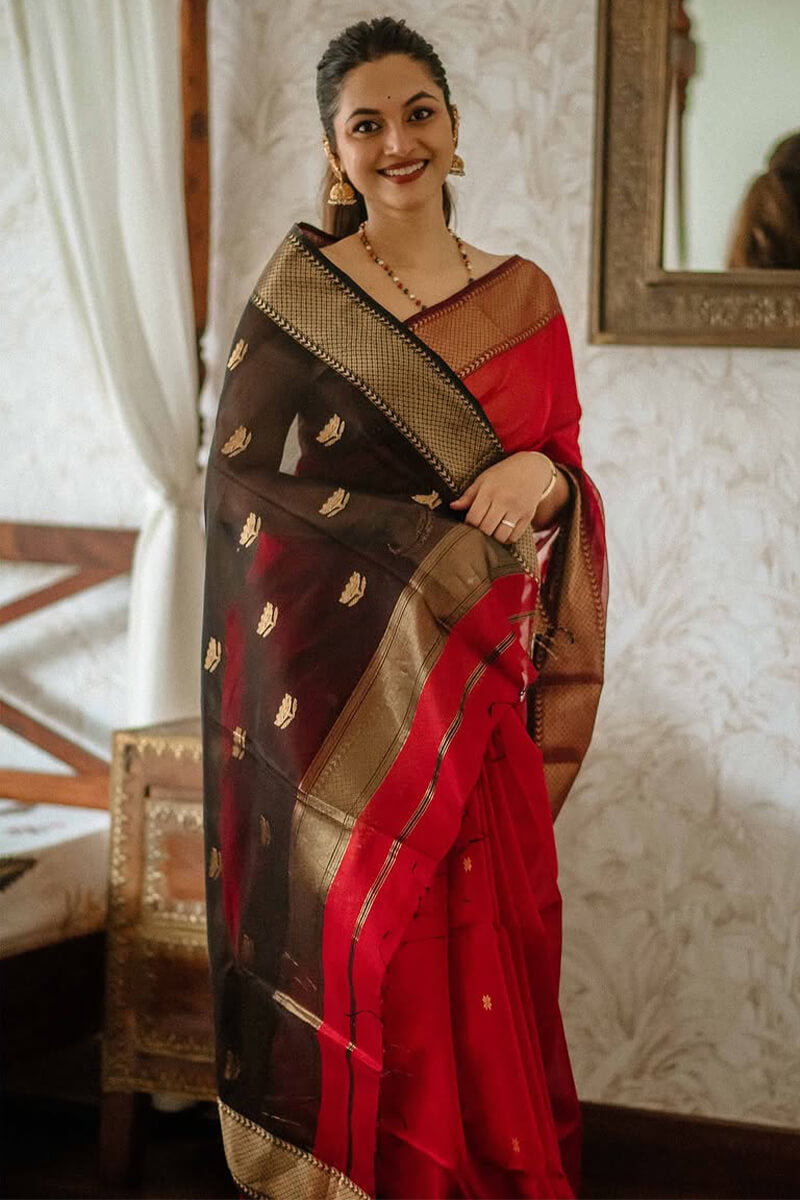 Classy Red Cotton Silk Saree With Designer Blouse Piece