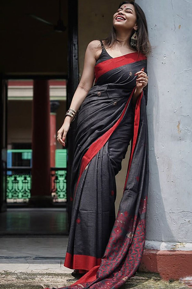 Imbrication Black Cotton Silk Saree With Scintilla Blouse Piece