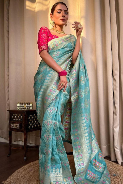 Load image into Gallery viewer, Pretty Firozi Soft Silk Saree With Mesmerising Blouse Piece
