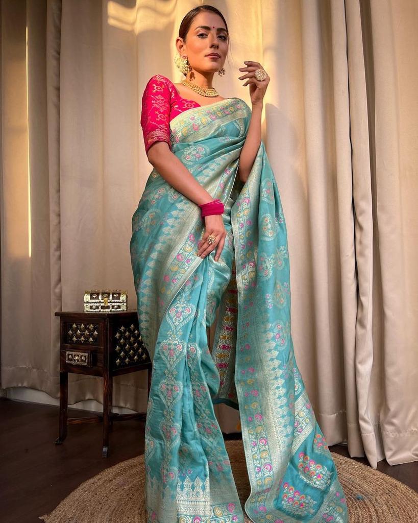 Pretty Firozi Soft Silk Saree With Mesmerising Blouse Piece