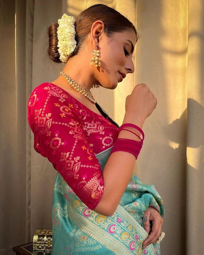 Pretty Firozi Soft Silk Saree With Mesmerising Blouse Piece