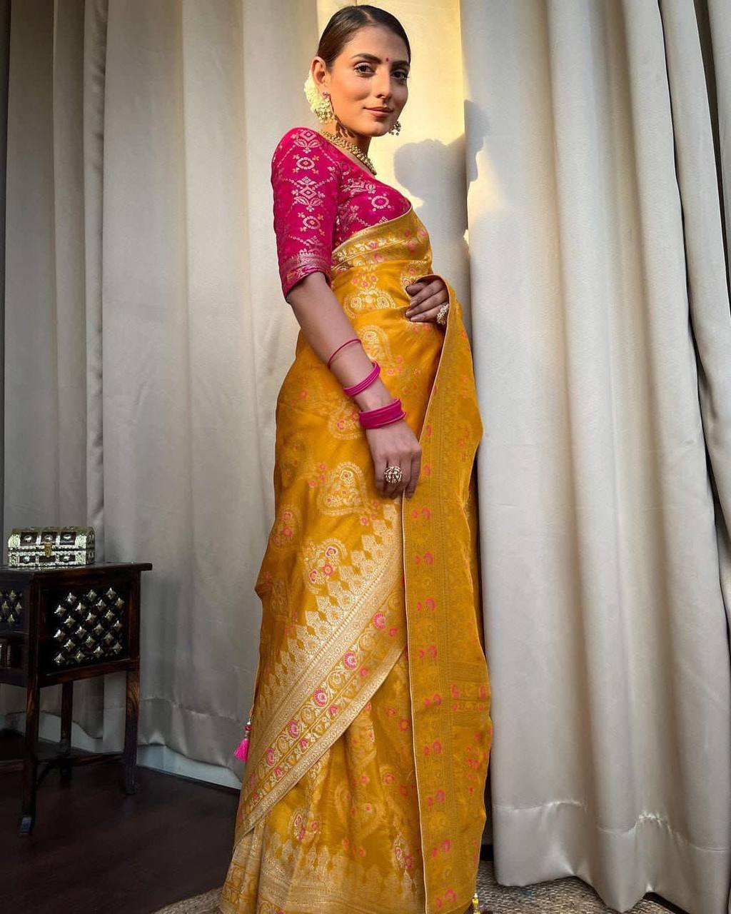 Desirable Yellow Soft Silk Saree With Classic Blouse Piece