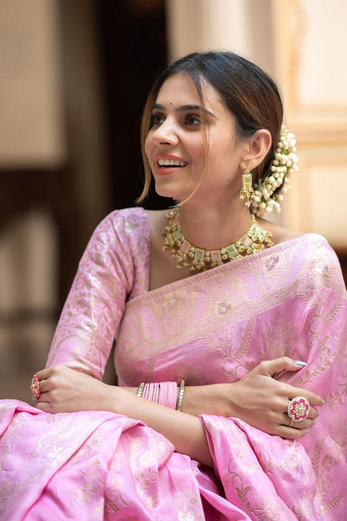 Load image into Gallery viewer, Incomparable Baby Pink Pink Soft Silk Saree With Snazzy Blouse Piece
