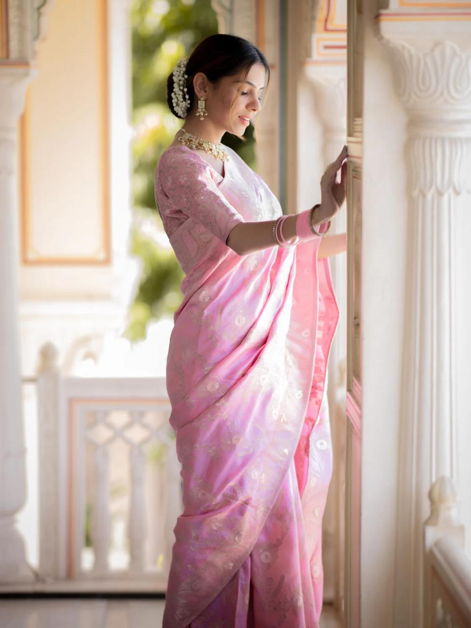 Incomparable Baby Pink Pink Soft Silk Saree With Snazzy Blouse Piece