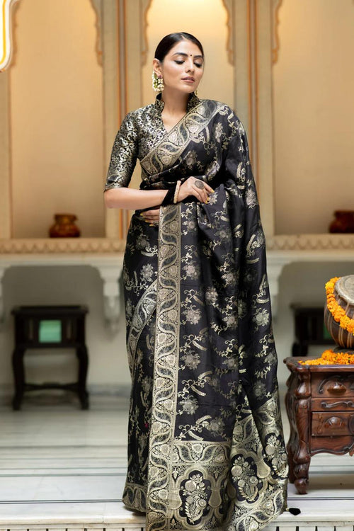 Load image into Gallery viewer, Blissful Black Soft Silk Saree With Angelic Blouse Piece
