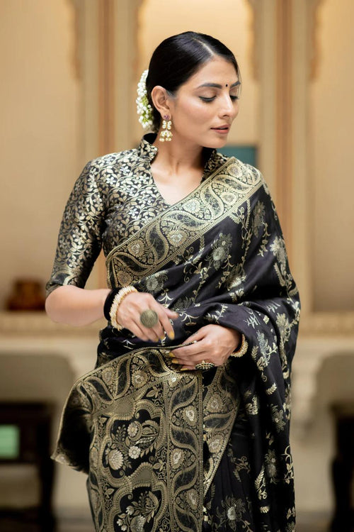 Load image into Gallery viewer, Blissful Black Soft Silk Saree With Angelic Blouse Piece
