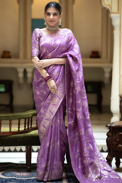 Women's Soft Silk Lavendar Printed Designer Saree With Blouse Piece