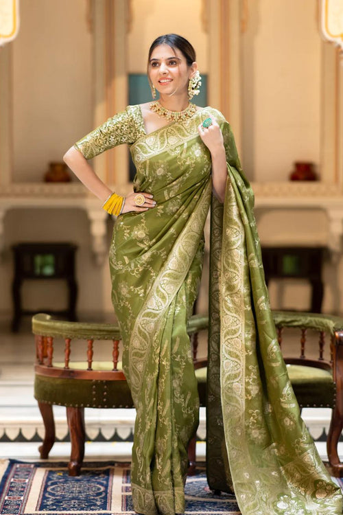 Load image into Gallery viewer, Nemesis Mehndi Soft Silk Saree With Serendipity Blouse Piece
