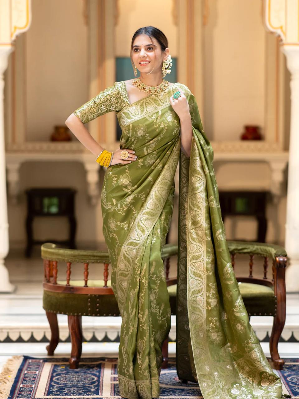 Nemesis Mehndi Soft Silk Saree With Serendipity Blouse Piece