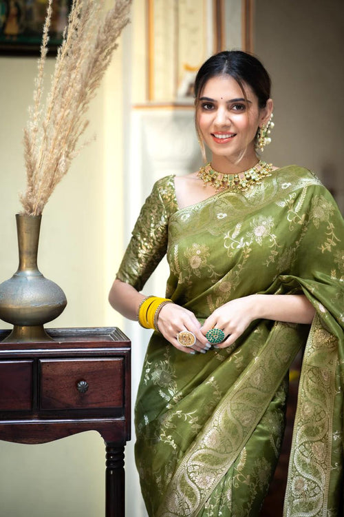 Load image into Gallery viewer, Nemesis Mehndi Soft Silk Saree With Serendipity Blouse Piece
