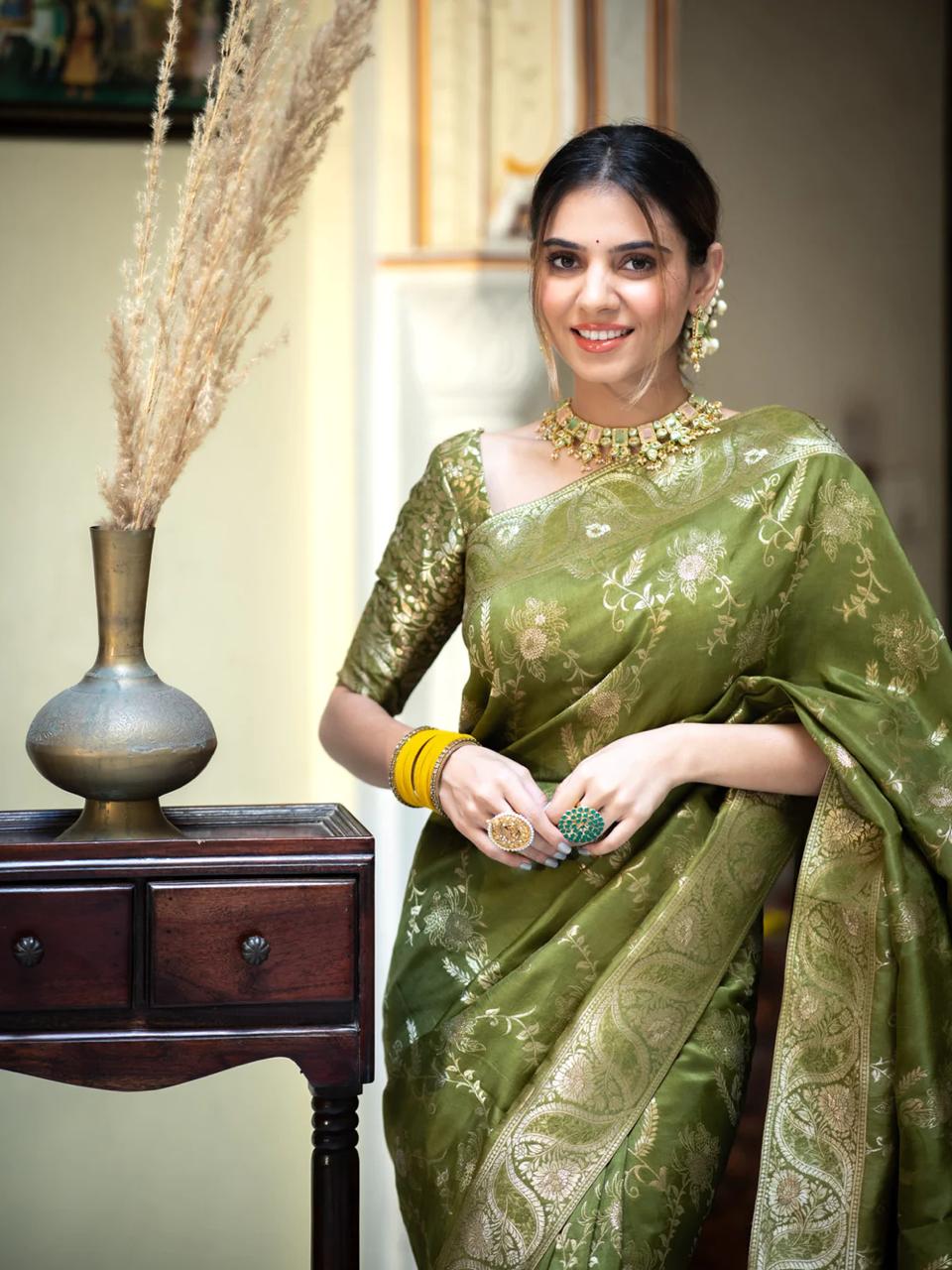 Nemesis Mehndi Soft Silk Saree With Serendipity Blouse Piece