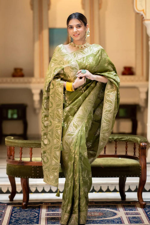 Load image into Gallery viewer, Nemesis Mehndi Soft Silk Saree With Serendipity Blouse Piece
