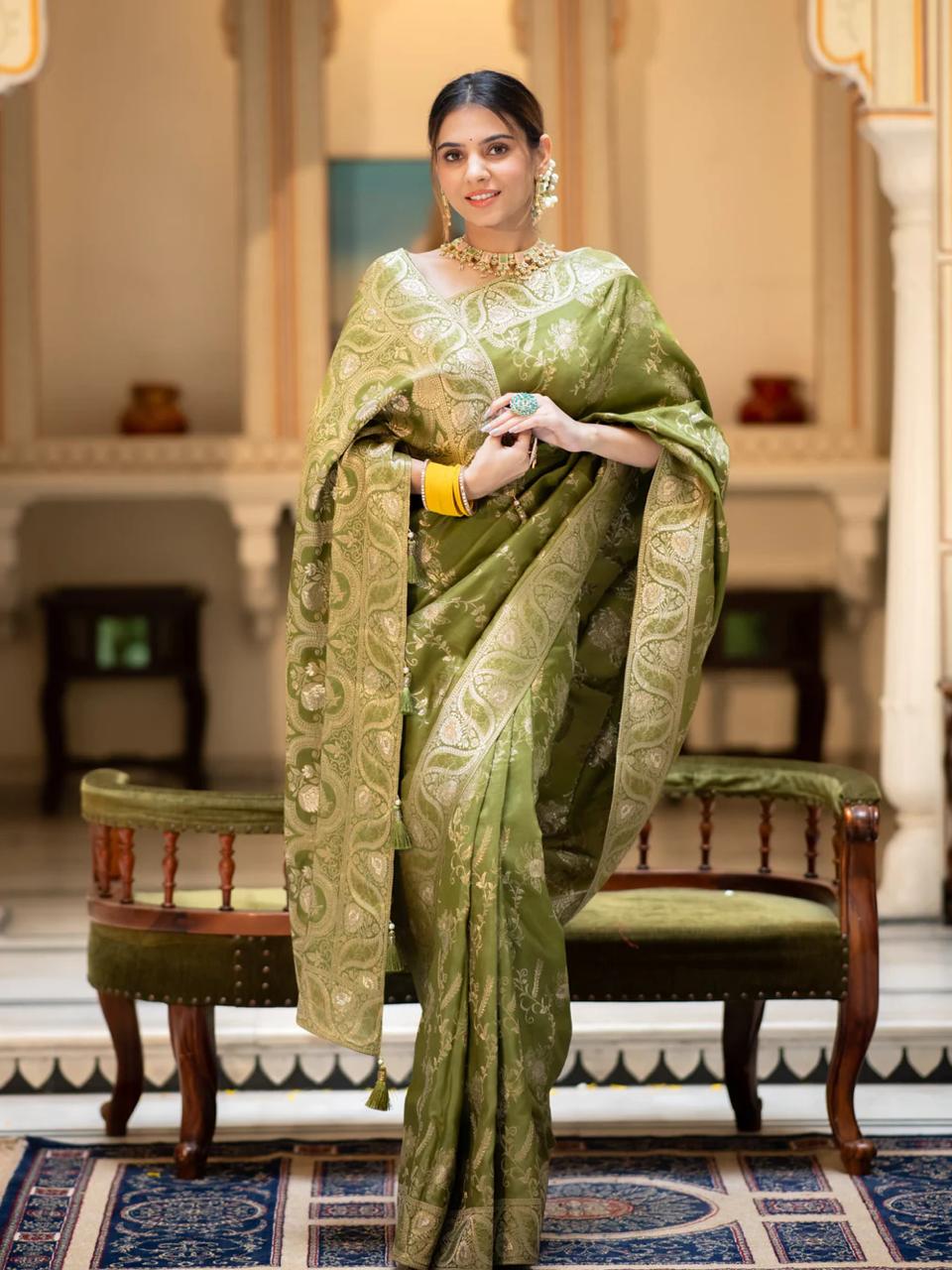 Nemesis Mehndi Soft Silk Saree With Serendipity Blouse Piece