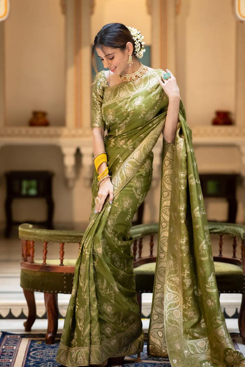 Load image into Gallery viewer, Nemesis Mehndi Soft Silk Saree With Serendipity Blouse Piece
