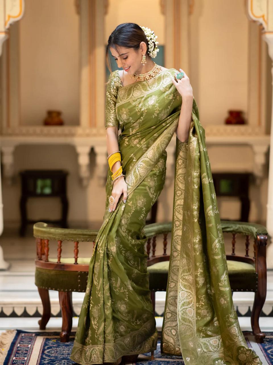 Nemesis Mehndi Soft Silk Saree With Serendipity Blouse Piece