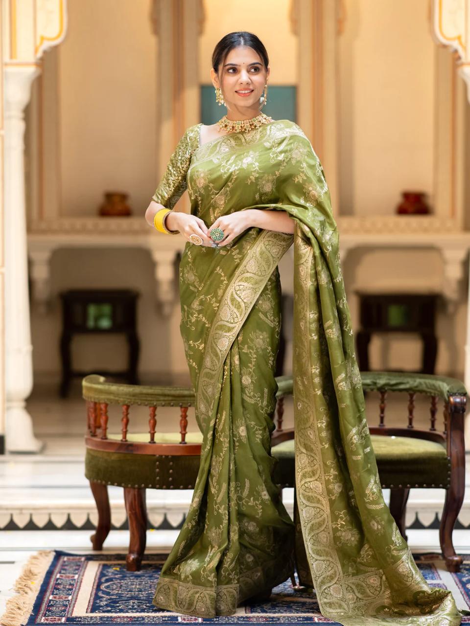 Nemesis Mehndi Soft Silk Saree With Serendipity Blouse Piece