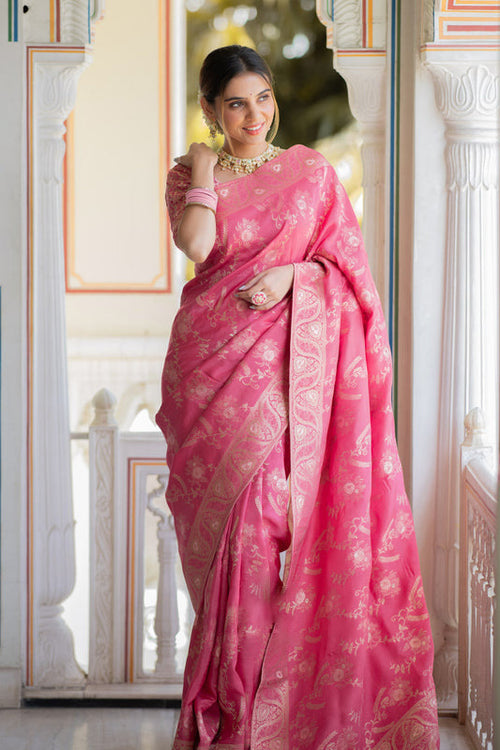 Load image into Gallery viewer, Effervescent Pink Soft Silk Saree With Assemblage Blouse Piece
