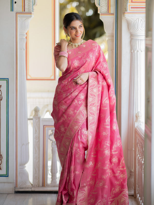 Effervescent Pink Soft Silk Saree With Assemblage Blouse Piece