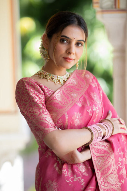 Load image into Gallery viewer, Effervescent Pink Soft Silk Saree With Assemblage Blouse Piece
