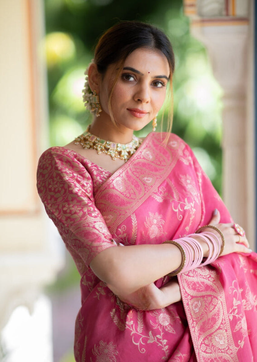 Effervescent Pink Soft Silk Saree With Assemblage Blouse Piece