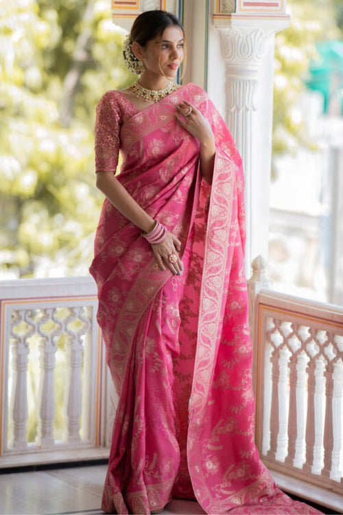 Load image into Gallery viewer, Effervescent Pink Soft Silk Saree With Assemblage Blouse Piece
