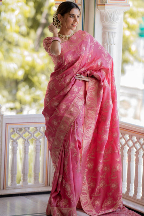 Load image into Gallery viewer, Effervescent Pink Soft Silk Saree With Assemblage Blouse Piece
