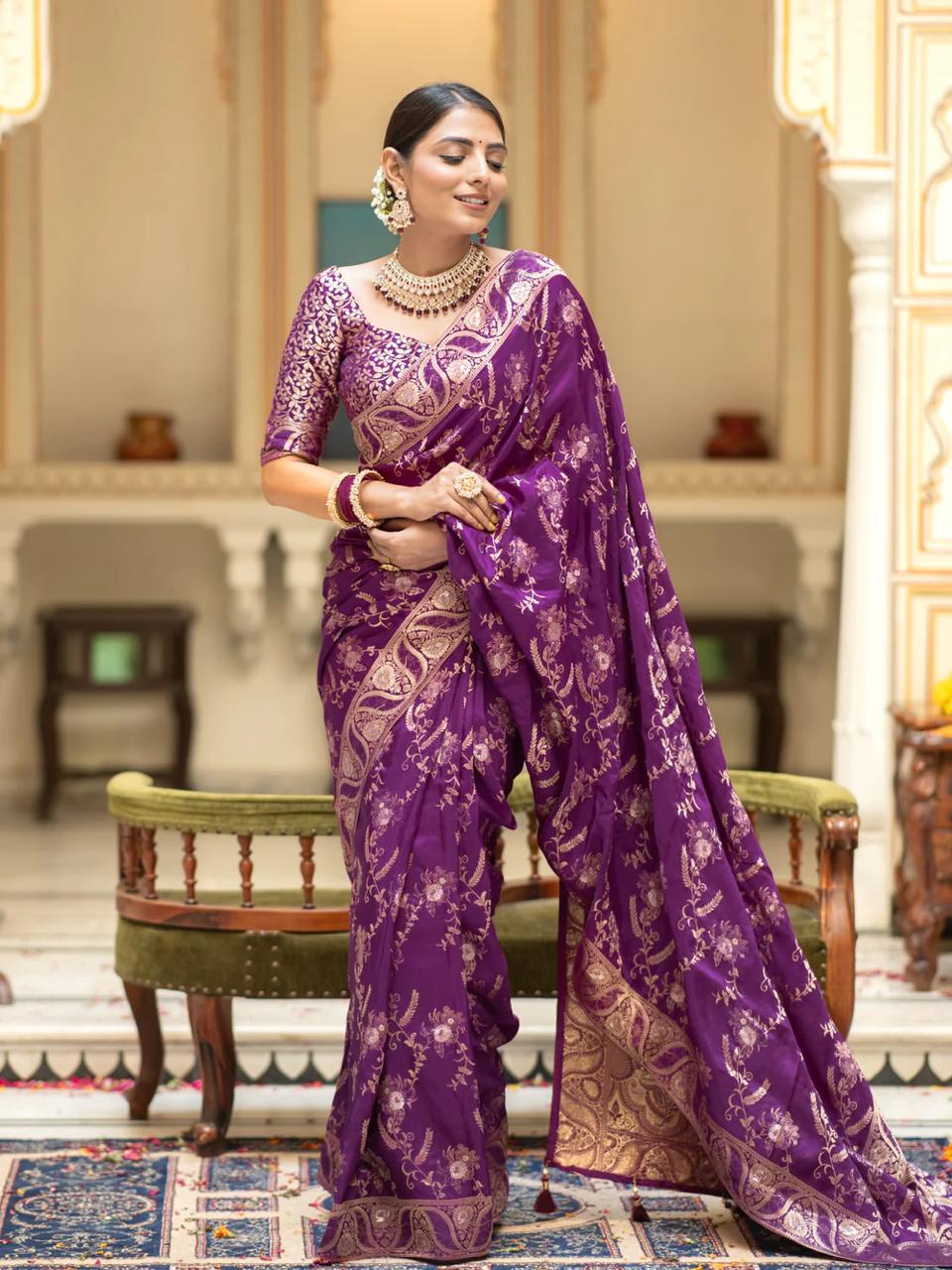 Splendiferous Purple Soft Silk Saree With Petrichor Blouse Piece