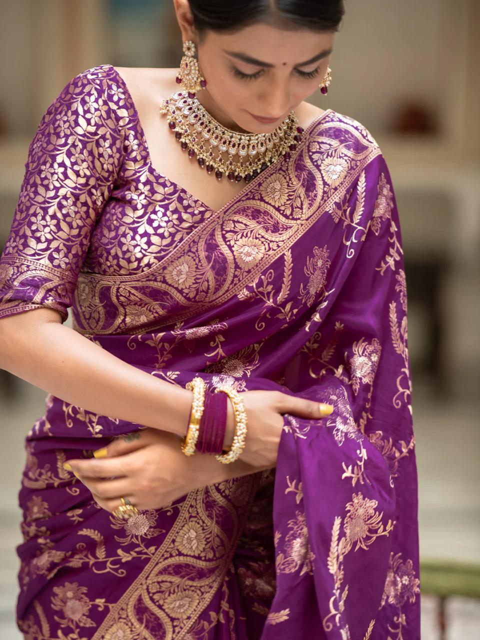 Splendiferous Purple Soft Silk Saree With Petrichor Blouse Piece