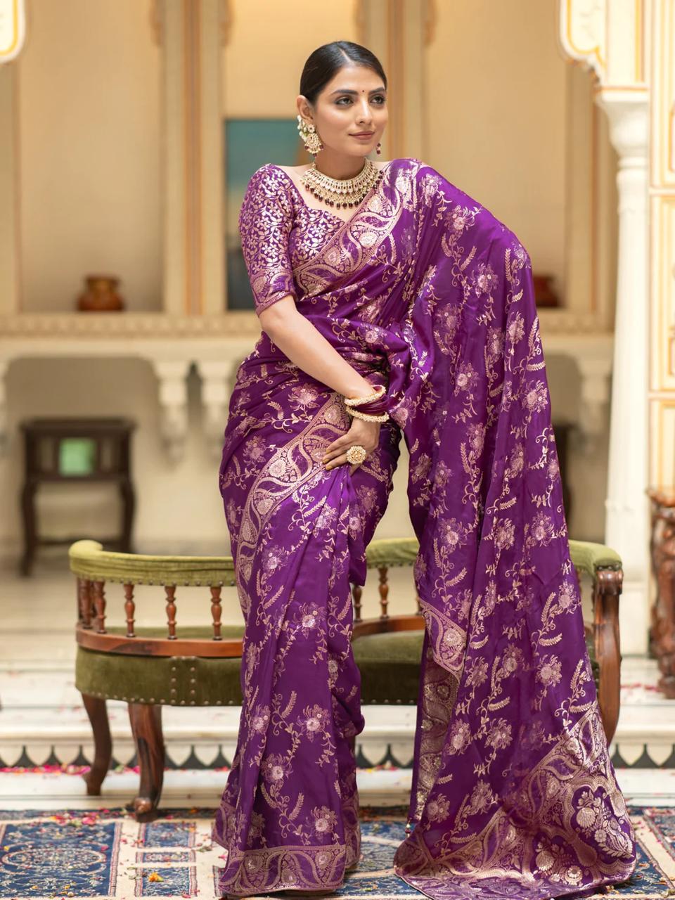 Splendiferous Purple Soft Silk Saree With Petrichor Blouse Piece