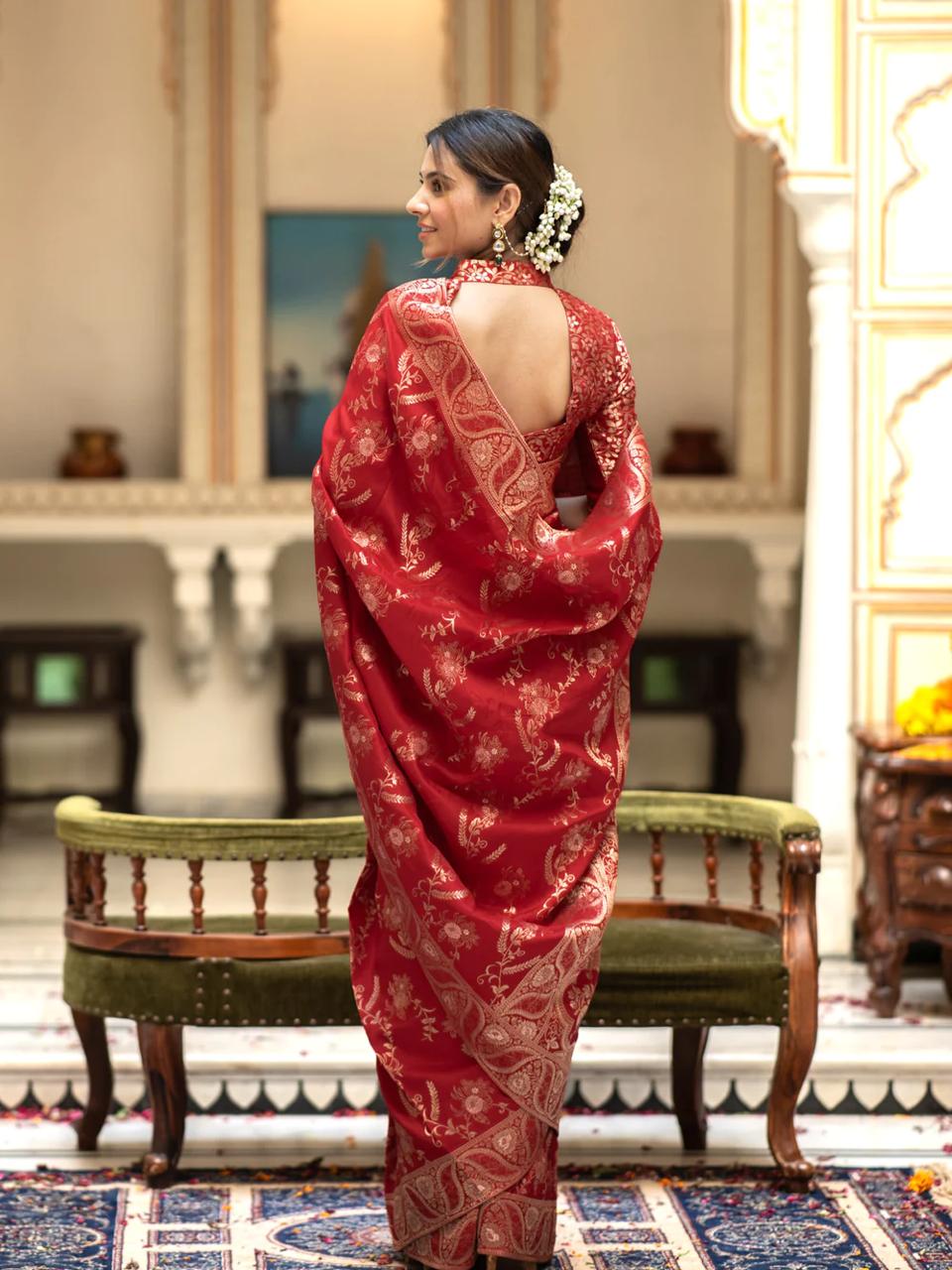 Bucolic Red Soft Silk Saree With Traditional Blouse Piece