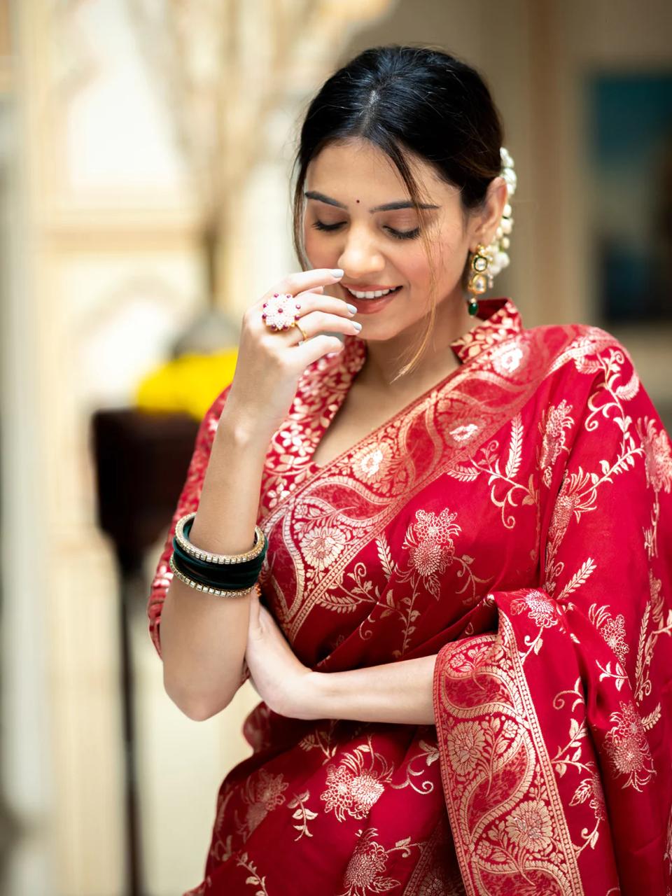 Bucolic Red Soft Silk Saree With Traditional Blouse Piece