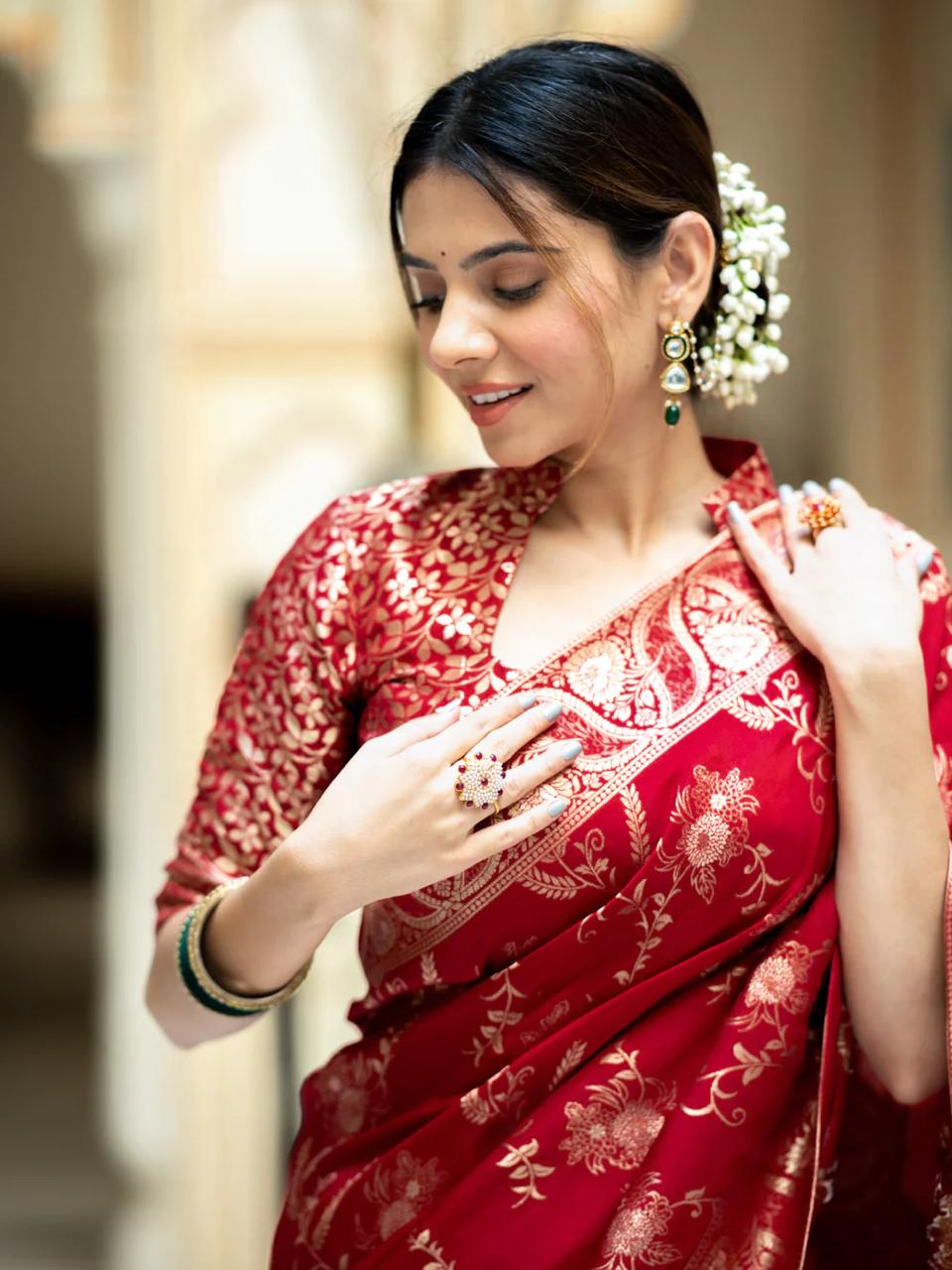 Bucolic Red Soft Silk Saree With Traditional Blouse Piece